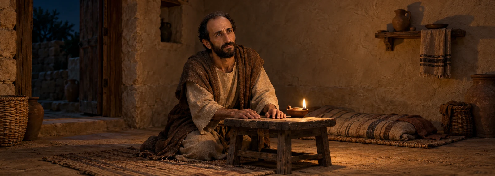Artistieke voorstelling van Paulus die ’s nachts geknield bij een lage tafel met een olielamp bidt in een eenvoudige kamer.