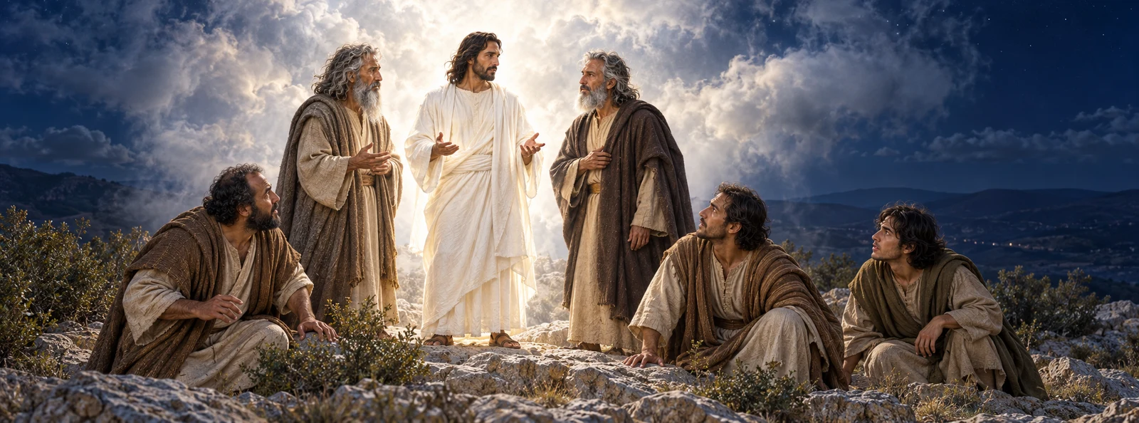 Artistieke voorstelling van Jezus in een stralend wit kleed op een rotsachtige berg bij nacht, met twee oudere mannen naast Zich en drie leerlingen die geknield naar Hem opkijken.