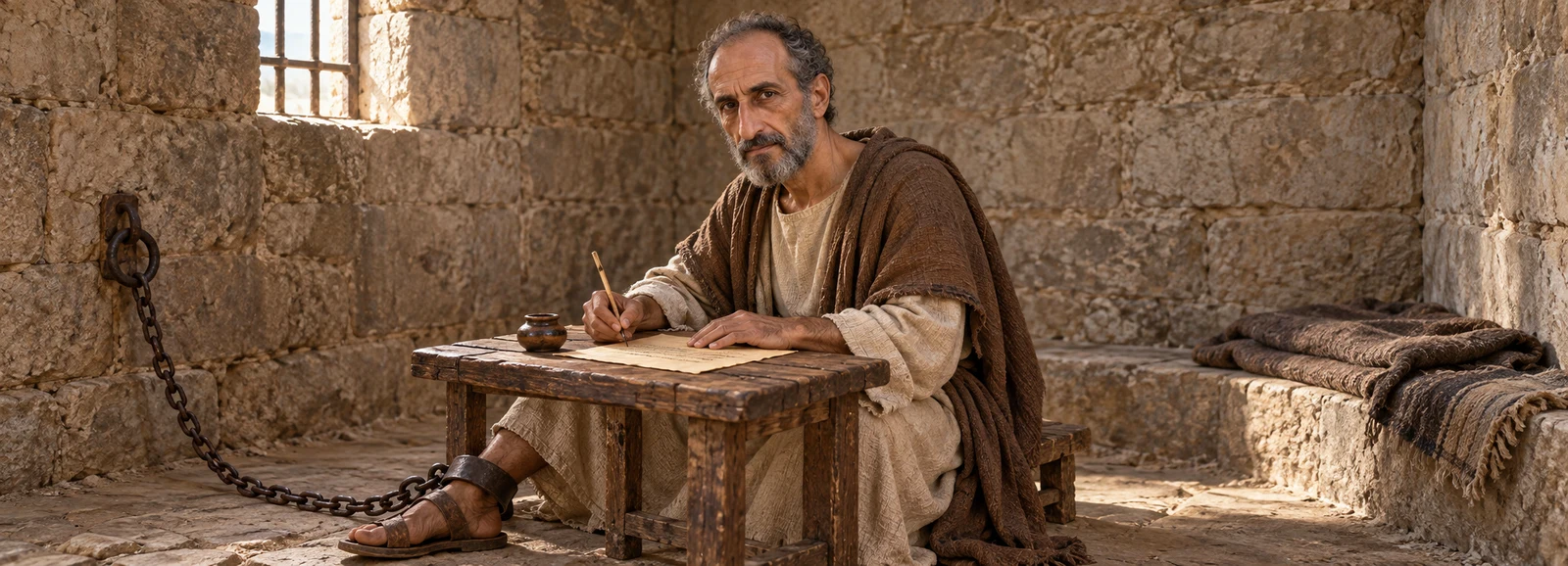 Artistieke voorstelling van een oudere man die in een stenen cel aan een tafel schrijft, met een ketting om zijn enkel.