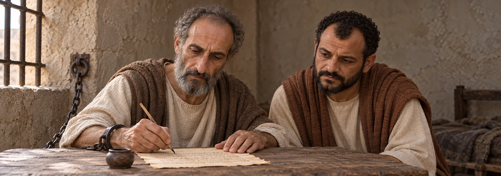 Artistieke voorstelling van een oudere man met een ketting om zijn pols die aan een tafel een brief schrijft, terwijl een jongere man naast hem meekijkt.