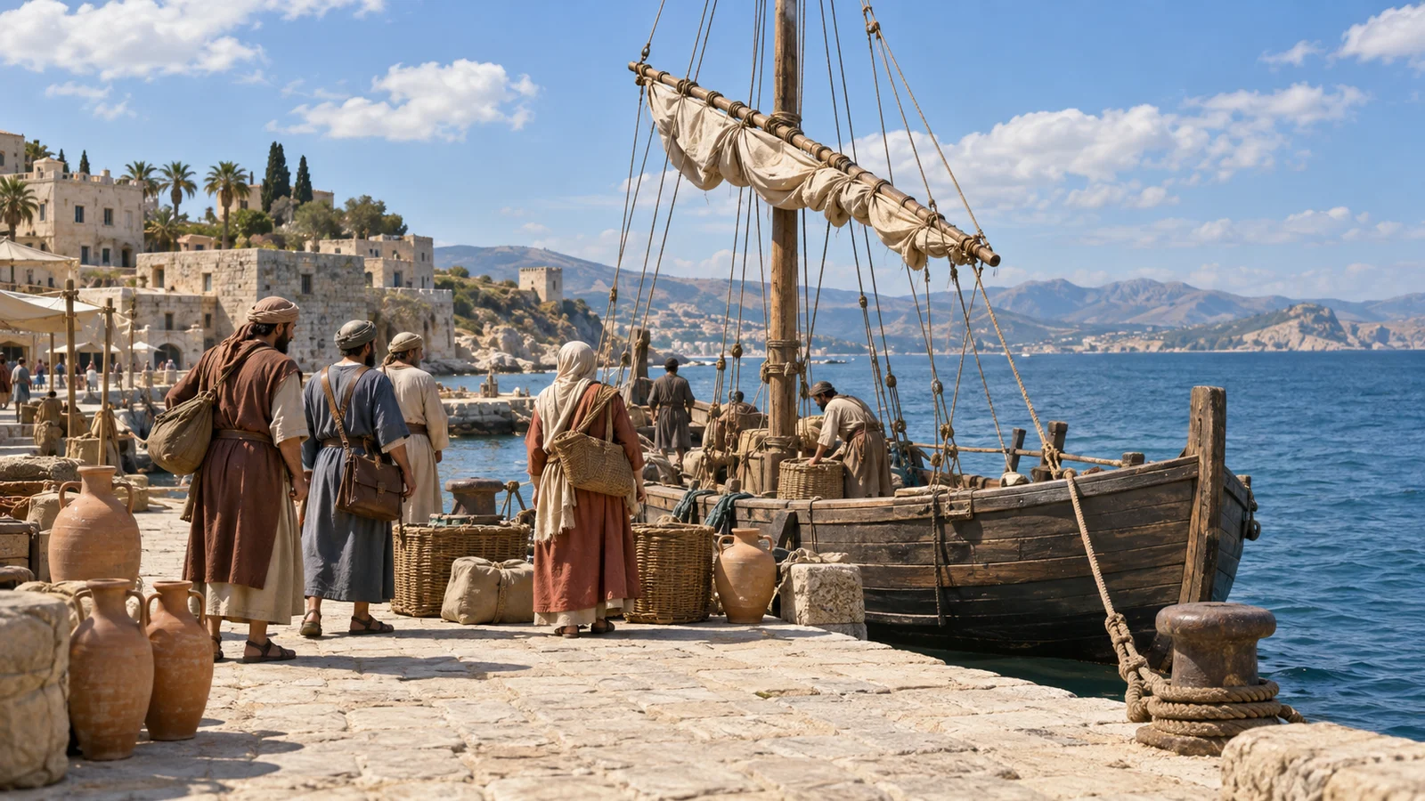 Illustratie van een mediterrane haven in de eerste eeuw, met een houten zeilschip, reizigers en aardewerken kruiken op een stenen kade.