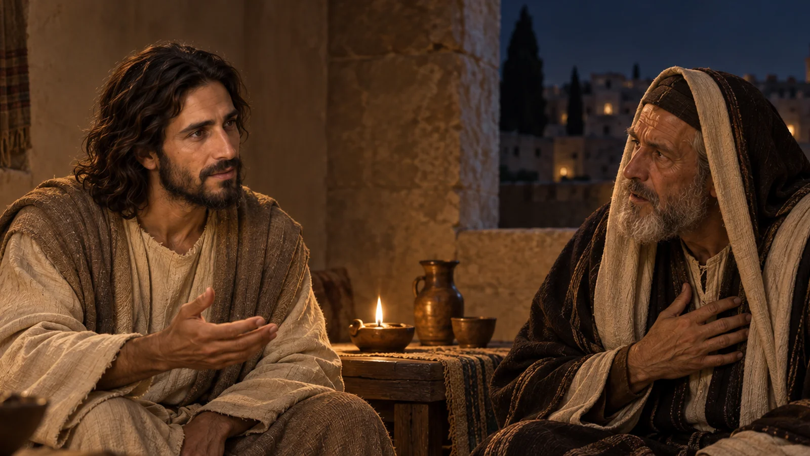 Nicodemus en Jezus zitten ’s nachts tegenover elkaar bij een olielamp.